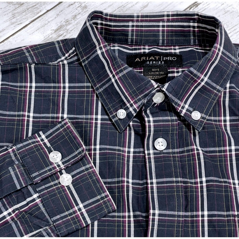 Ariat Pro Series Boys Plaid Button Down Western Shirt Navy L 14-16
